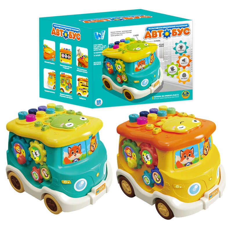 Музичний Автобус 49202 (60/2) "WToys", 2 кольори, ОЗВУЧУВАННЯ УКРАЇНСЬКОЮ МОВОЮ, 5 казок, 10 пісень, 10 скоромовок, 10 загадок, підсвічування, лабіринти, барабан, каталка, в коробці