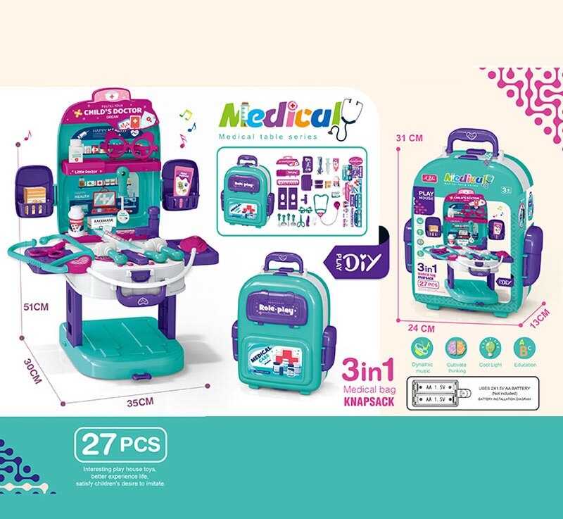 Набір лікаря T 2158-1 (24/2) медичний столик, озвуч. англійською мовою, набір інструментів, стетоскоп, термометр, шприц, ножиці, на батарейках, підсвітка, музика, пісні, у валізі