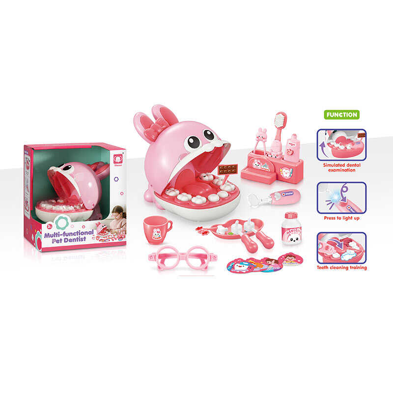 Набір стоматолога 855 (48) муляжі щелеп, рот зайчика відкривається, підсвічування стомат. інструмента, аксесуари, зубна щітка, окуляри, щипці, чашка, в коробці