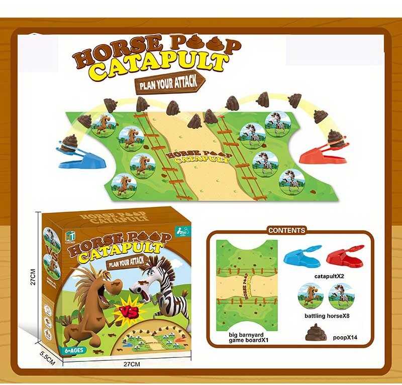 Настільна гра 777-119 (60/2) картонне ігрове поле, 2 катапульти, гумові навозні кульки, картонні фігурки коней та зебр, в коробці