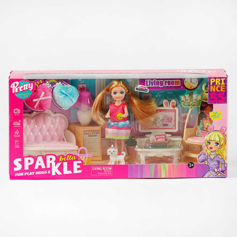 Лялька з меблями 7019 (32) висота 13 см, вітальня, аксесуари, улюбленець, меблі, предмети декору, в коробці