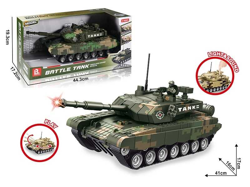 Танк 58024 A (16) довжина 40см, світло, звук, корпус відкривається, башта обертається, рухомий люк та руки солдатика, в коробці