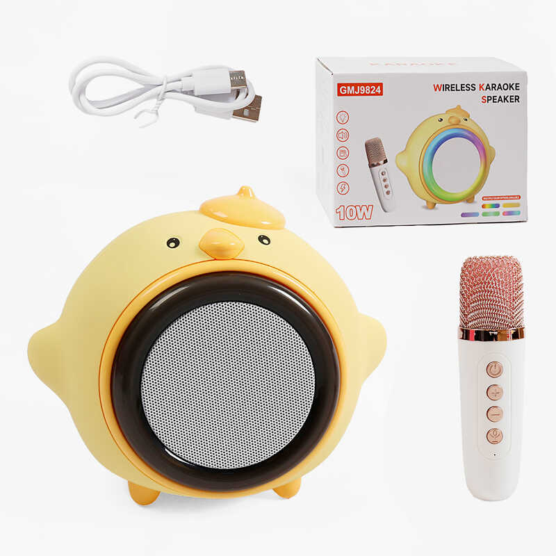 Караоке GMJ 9824 (36) 1 мікрофон, підсвічування, режими підсвічування, вбудований акумулятор, Bluetooth, слот для TF Card, USB-type-c кабель, USB-роз’єм, AUX-роз’єм, колонка, зміна голосу, в коробці