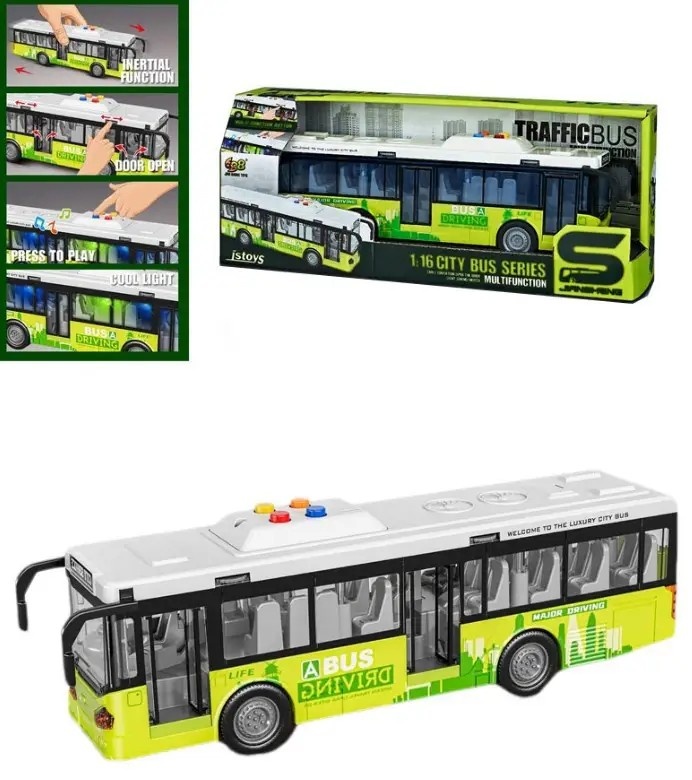 Автобус JS 120 , звук, підсвітка, механічне відкриття дверей, масштаб 1:16, гумові колеса, інерція, в коробці