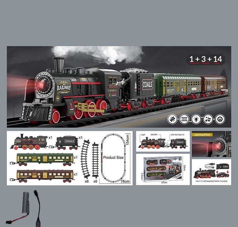 Залізниця 652 X22 (24/2) парогенерація, підсвічування, звук, акумулятор, дорога 78х154 см, 1 локомотив, 3 вагони, 14 елементів дороги, в коробці