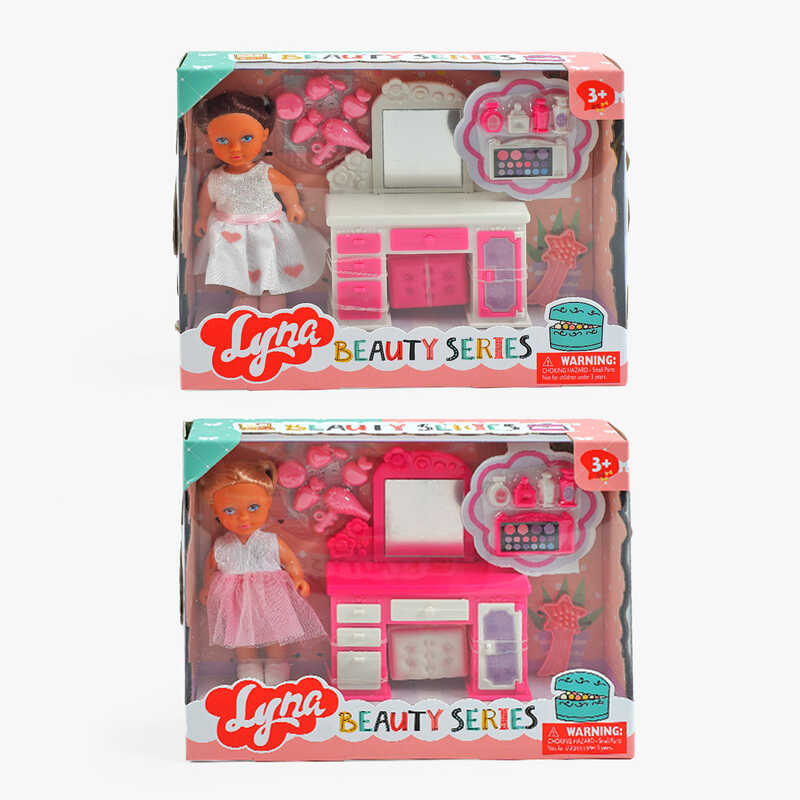 Лялька 4602 (96/2) 2 види, 12 см, знімне взуття, аксесуари, туалетний столик, гребінець, улюбленець, в коробці