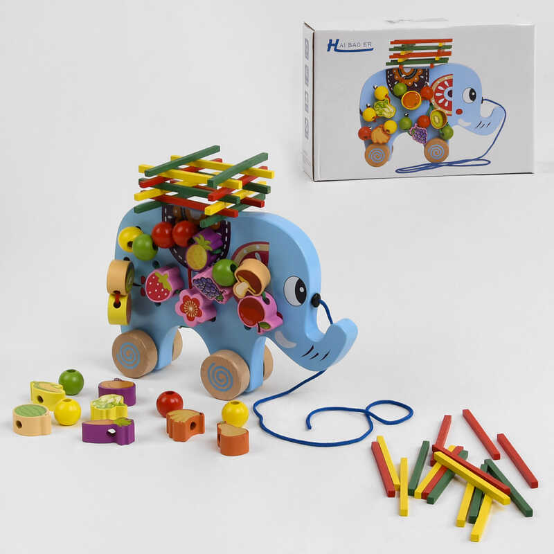 Ігровий центр C 48174 (36) "Слоненя", дерев’яний, каталка, шнурівка, брусочки, в коробці