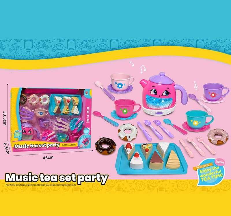 Набір посуду 3221 B (30) чайник, підсвічування, звуки, мелодії, датчики руху, на батарейках, посуд, солодощі, в коробці