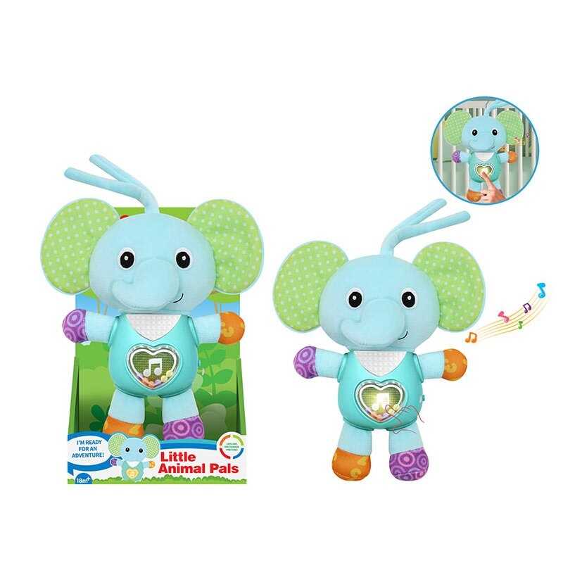 Музичне брязкальце 1963-1 (48) підсвічування, звуки тварин, мелодії, кумедні звуки, шумливі вушка, кульки, пластиковий тулуб, текстильні голова та кінцівки, в коробці