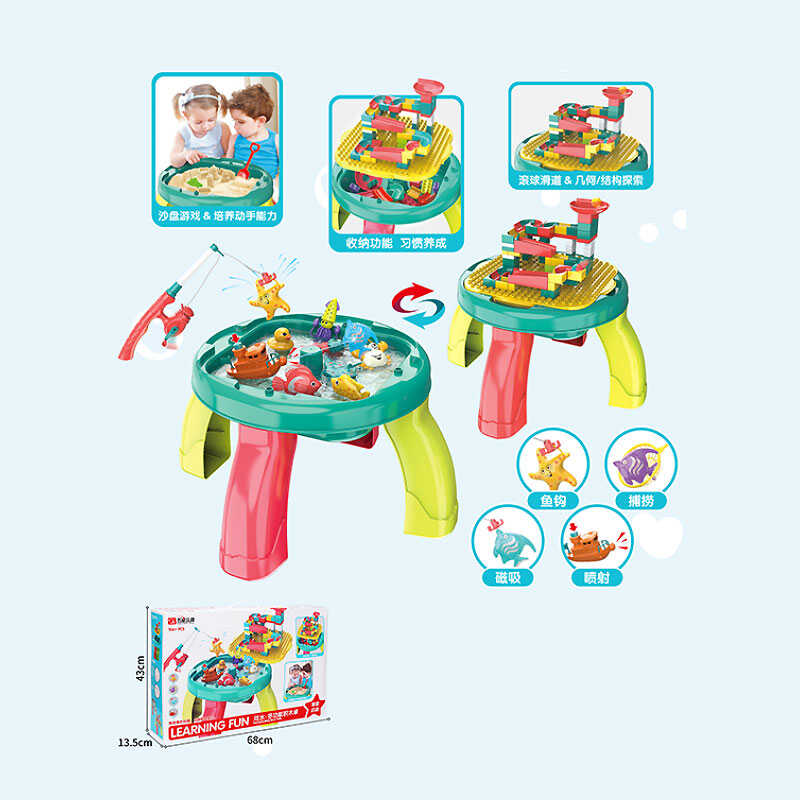 Ігровий столик з конструктором 3370 (6) 106+ елементів, розмір 41х41х30 см, 3 в 1: конструктор, магнітна риболовля, пісочниця, сачок, магнітна вудочка, тваринки, помпова подача води, в коробці