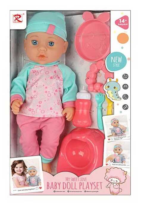 Пупс 6333 (24) висота - 35 см, закриваються очі, ходить на горщик, знімний одяг, пляшечка, виделка, ложка, тарілочка, іграшка, горщик, в коробці