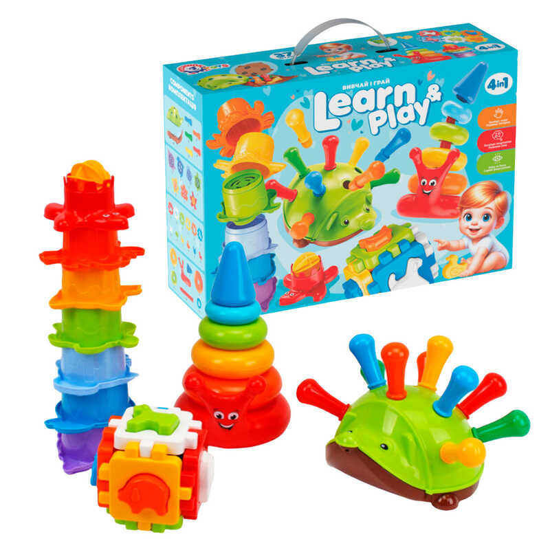 гр Подарунковий набір 2376 (1) "Technok Toys", жачок з "голками", кубик з фігурками тваринок, пірамідка-млинок, пірамідка «Веселий равлик-павлик», в коробці