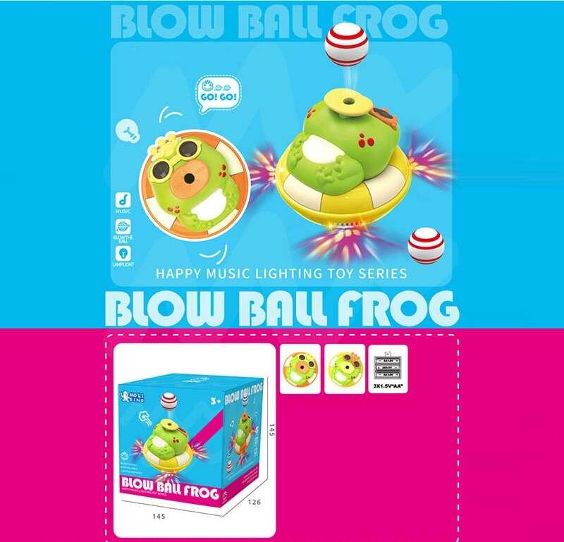 Музична іграшка QB 164 Y (72/2) “Жабка”, розмір - 13.5х13.5х11.5 см, підсвічування, колесо вільного ходу, тримає м’яч у повітрі, мелодії, 2 м’ячі, в коробці