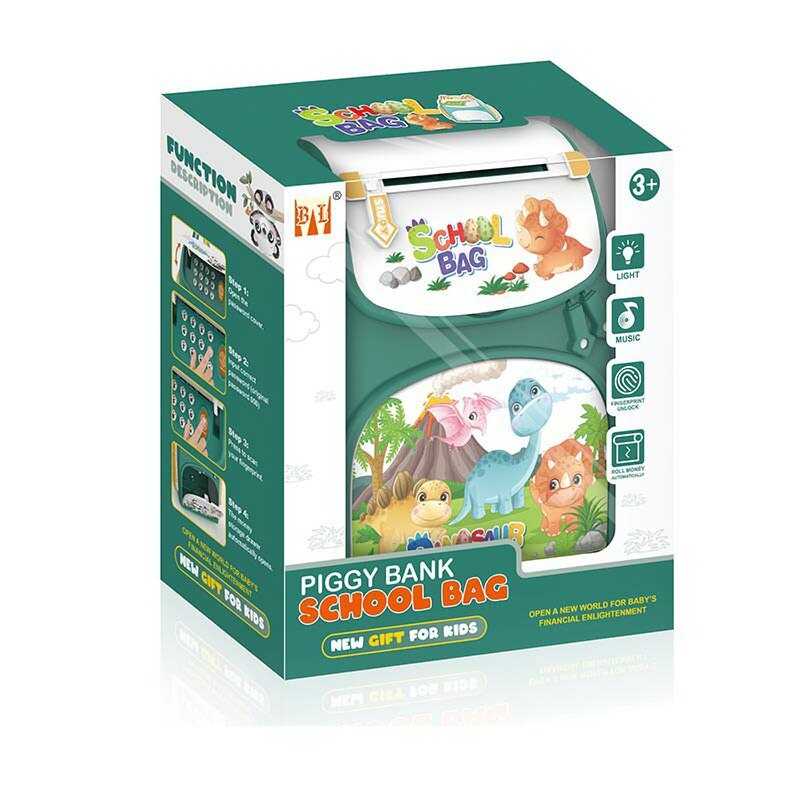 Сейф 8697 A (36) "Динозаври", звук, підсвічування, мелодії, відбиток пальця, іграшкові гроші, лямки, рюкзак, в коробці