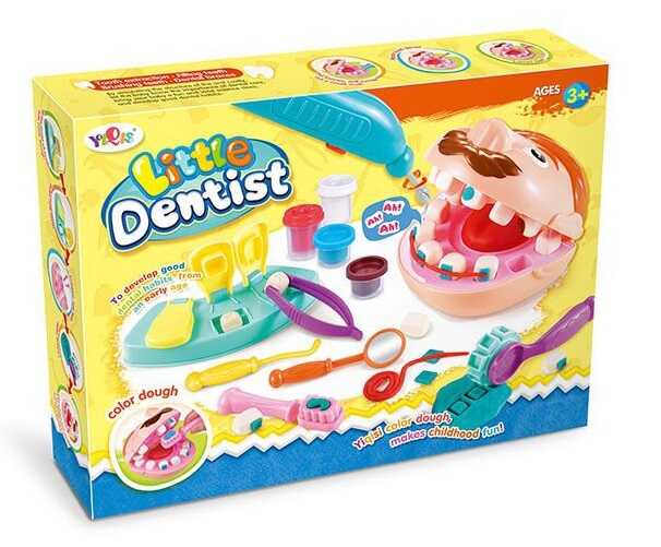 Тісто для ліплення 6818-3 (36/2) "Маленький дантист", аксесуари, трафарети, бормашинка, 4 кольори тіста, в коробці