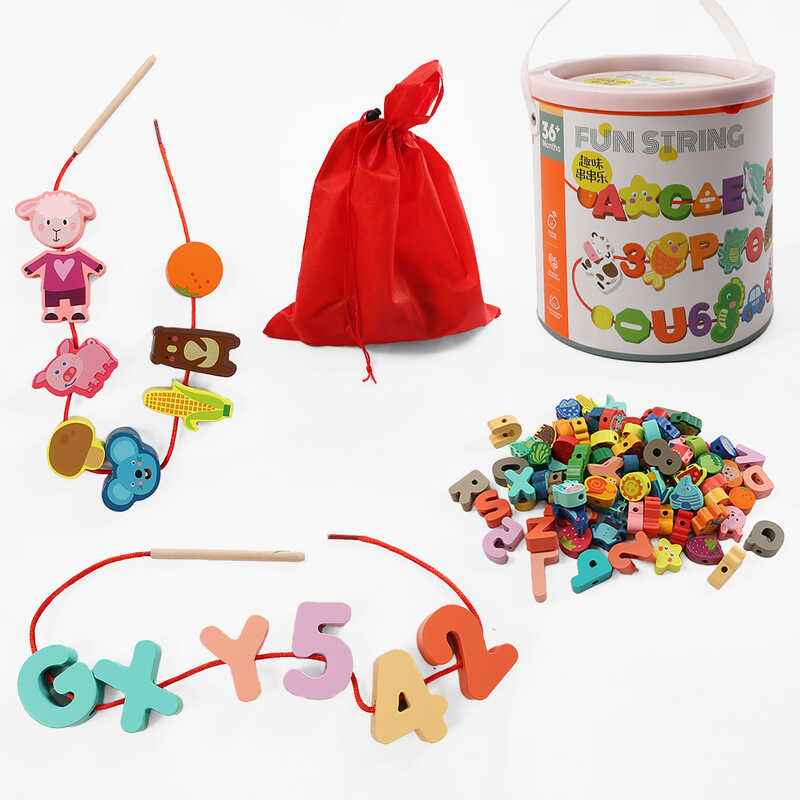 Шнурівка дерев'яна С 74438 (18) фігурки з тваринами, фруктами й овочами, літерами англійського алфавіту, цифрами й арифметичними знаками, декілька шнурків з дерев’яним краєм, текстильна сумочка, у відрі