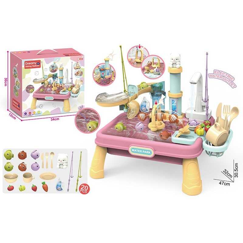 Риболовля 1205-4 (12) автоматична подача води, 20 елементів, рибки, посуд, на батарейках, 2 вудки, механічний запускач, гірка з помповим механізмом, в коробці