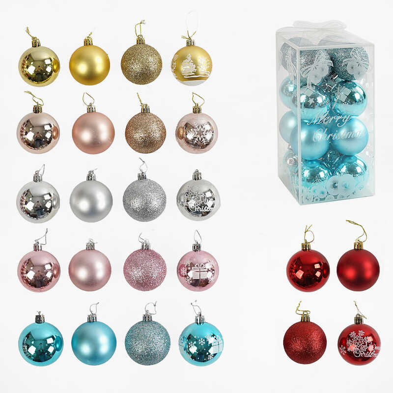 Новорічні прикраси C 67661 (45) 6 видів, кульки, 16 штук, D=6 см, у слюді, ВИДАЄТЬСЯ МІКС ВИДІВ