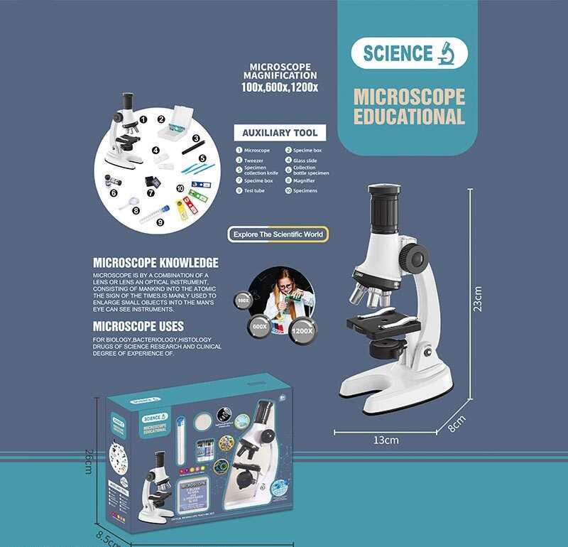 Мікроскоп 2227 A (36) збільшення 100х, 600х та 1200х, інструменти, лупа, скельця, підсвічування, на батарейках, в коробці