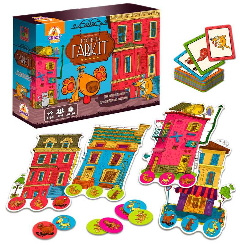 гр Гра настільна розважальна "Готель Гавкіт" VT8055-43 (5) "Vladi Toys", 4 готелі, 24 жетони собак, 100 карток, правила гри, в коробці