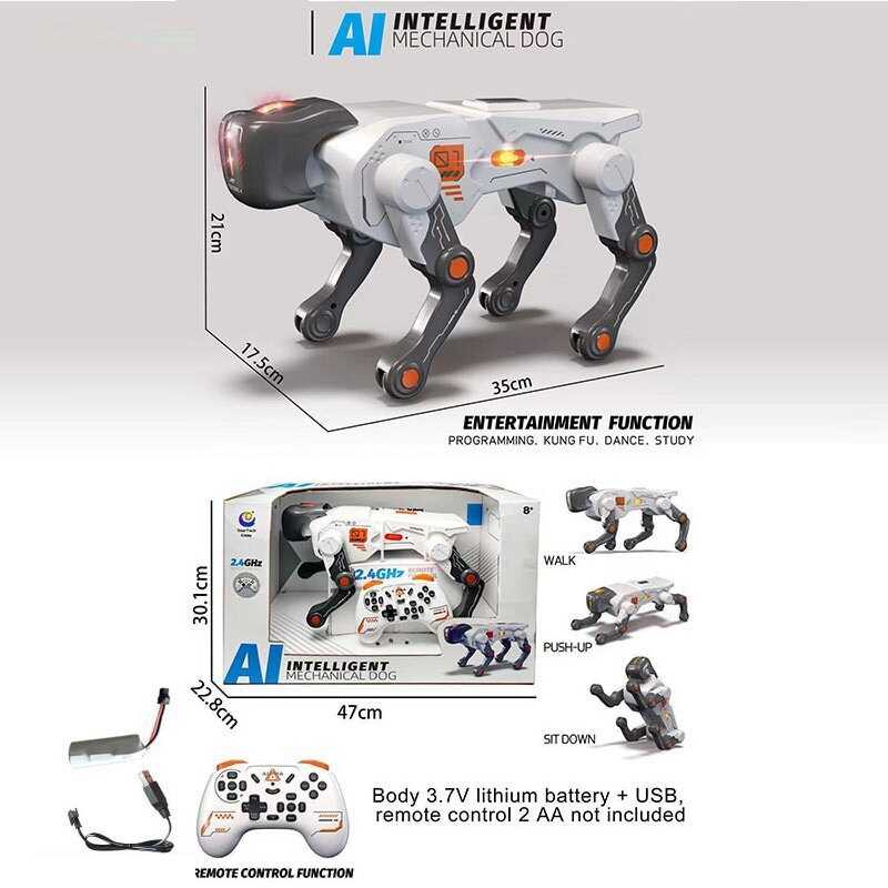 Пес на радіокеруванні 9514-02 (12) підсвічування, мелодії, танцює, відтискається від підлоги, “плаває”, програмування, режим навчання, акумулятор 3.7 V, в коробці