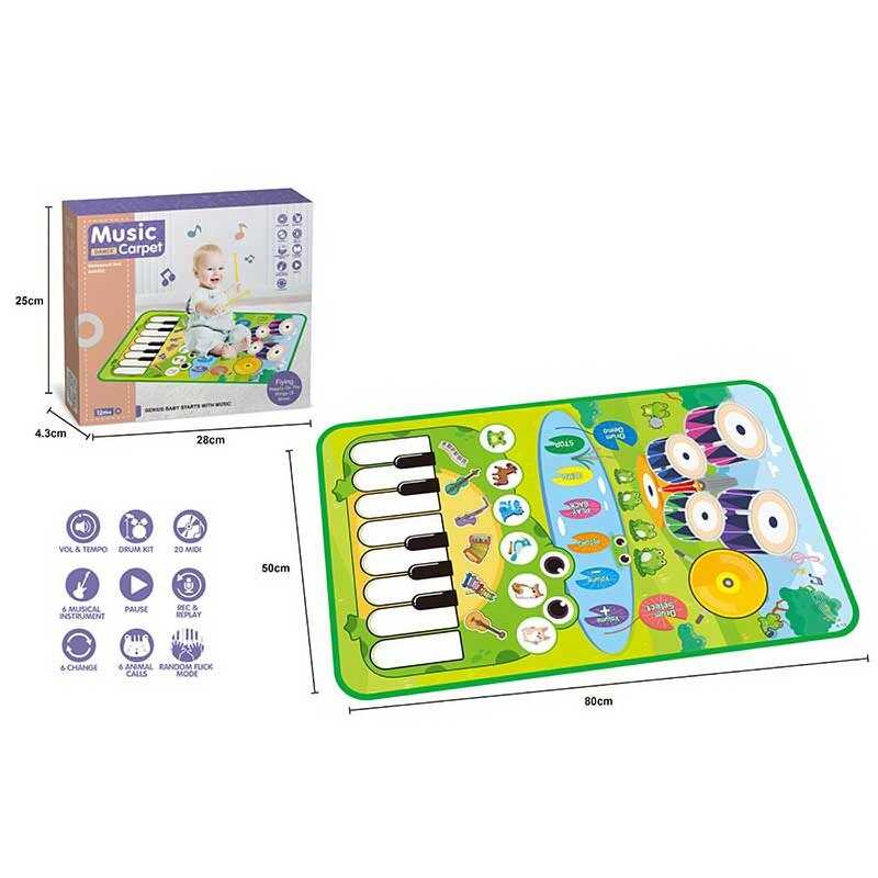 Музичний килимок MTK 035-2 A (72/2) на батарейках, музика, звук, музичні інструменти, запис, режим гучності, барабанні палички, розмір 80х50 см, в коробці