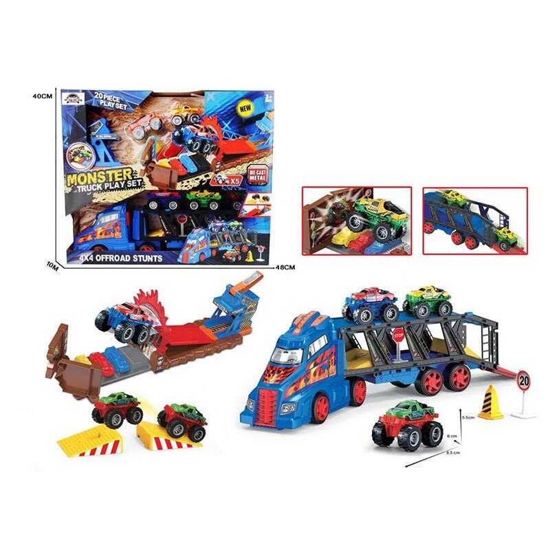 Трейлер HC 38074 (12/2) автовоз, 5 машинок, металопластик, рампа для трюків, механічний запускач, рухомі деталі, перешкоди, дорожні знаки, в коробці