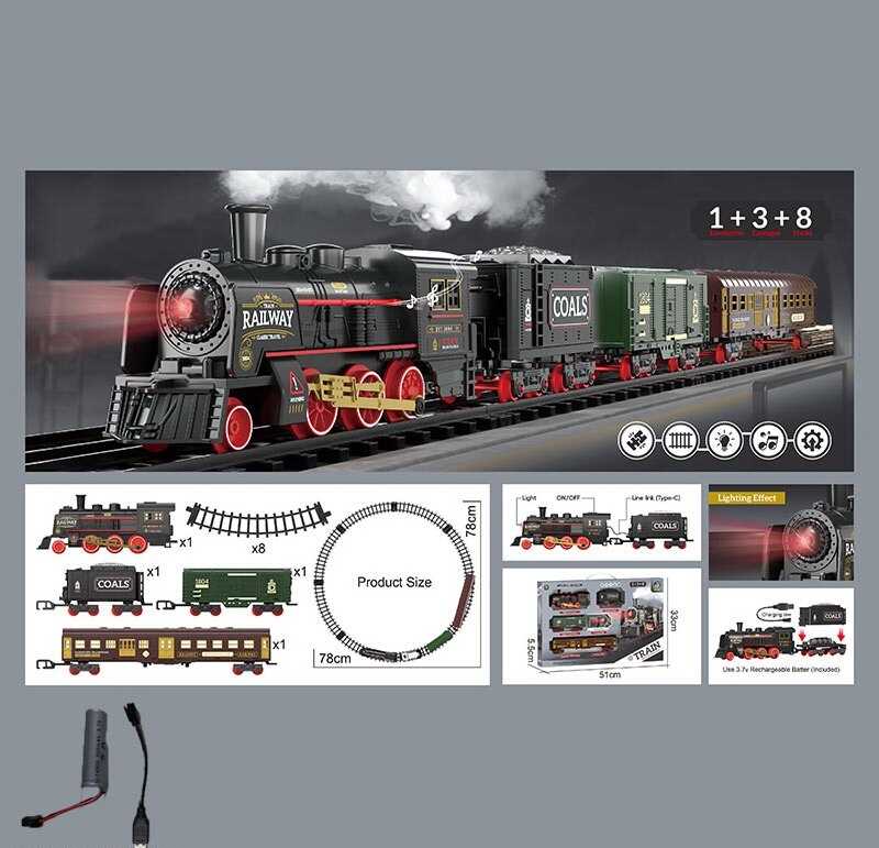 Залізниця 652 X18 (36/2) парогенерація, підсвічування, звук, акумулятор, дорога 78х78 см, 1 локомотив, 3 вагони, 8 елементів дороги, в коробці