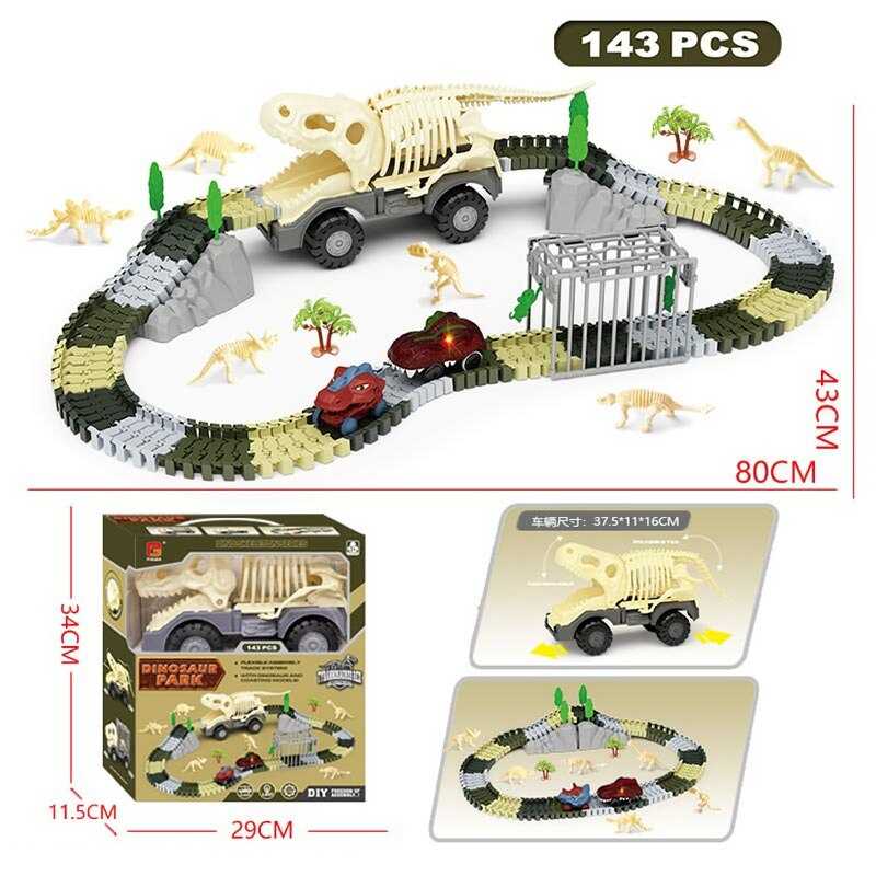 Трек P 921 (20) 3 машинки, підсвічування, муляжі оточення, фігурки динозаврів, в коробці