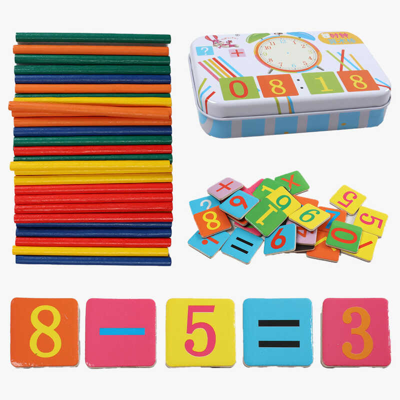 Математична гра C 74290 (200) дерев’яна, дерев`яні магніти, цифри, математичні позначки, палички, кольори, в боксі