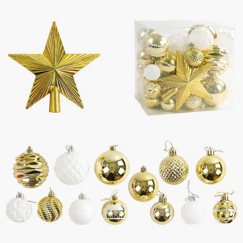 Новорічні прикраси C 67554 (24) 30 штук, кульки, зірочка-верхівка, у слюді