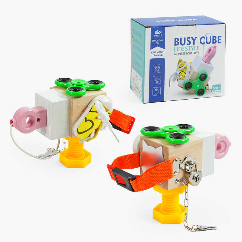 Бізіборд дерев'яний C 64879 (45) дерев’яний куб, 6 міні-ігор, в коробці