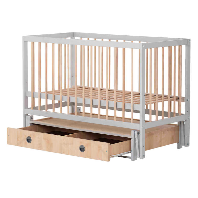 гр Ліжечко дитяче "Софія" - шарнір-підшипник+ящик з опускною боковиною (Сірий+натуральний)