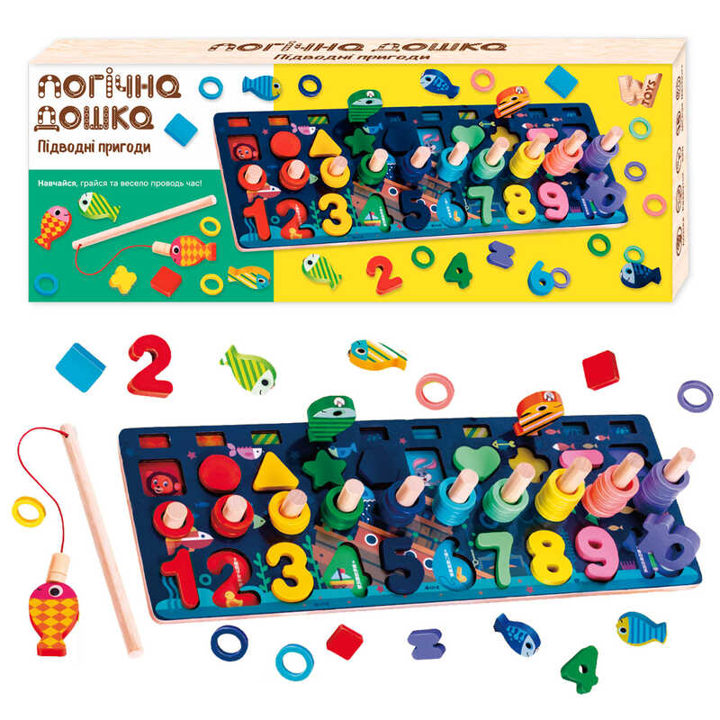 Дошка логічна 11825 (40) "WToys", дерев'яна, 10 кольорових рибок, магнітна риболовля, цифри та фігури,  кілочки, в коробці