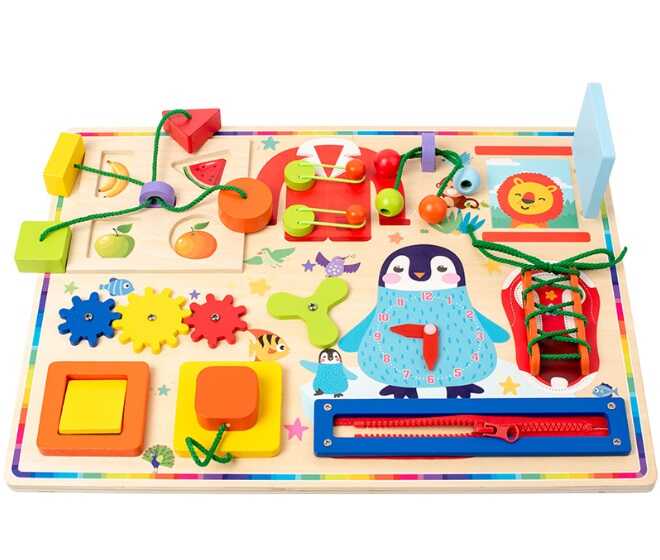 Бізіборд дерев’яний С 74529 (15) шестерні, геометричний сортер, спіннер, застібки, годинник, в коробці