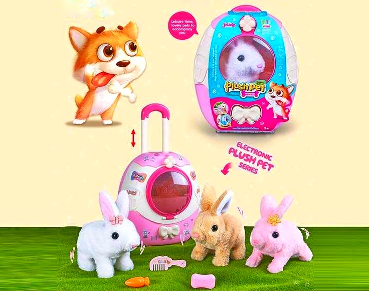 М’яка іграшка MC 1086 , "Кролик", ходить, звуки, на батарейках, рухає вушками, аксесуари, наліпки, повідець, у валізі