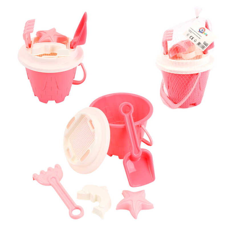 гр Набір для гри з піском 1553 (12) "Technok Toys", відерце, сито, формочки для піску, у сітці
