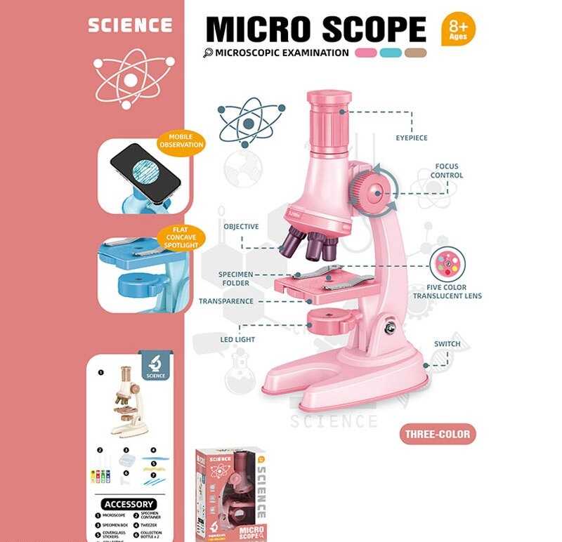 Мікроскоп 2501 A (72) 3 кольори, збільшення 100х, 600х та 1200х, інструменти, скельця, підсвічування, на батарейках, в коробці, ВИДАЄТЬСЯ ТІЛЬКИ МІКС ВИДІВ