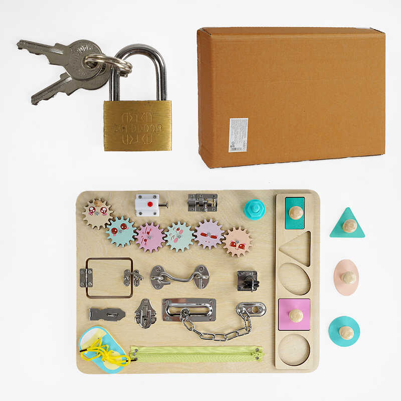 Бізіборд дерев'яний C 64872 (8) гачок, шнурки, блискавка, замочки, рухомі шестерні, геометричний сортер, у коробці