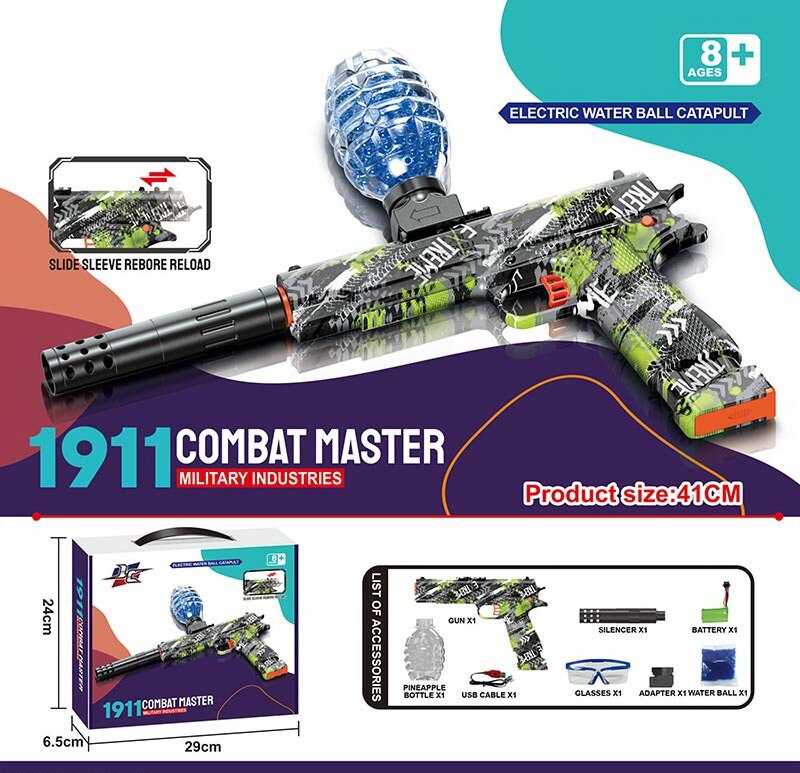 Пістолет W 033 A (18) автоматичний та механічний принципи роботи, акумулятор 7.4V, стріляє орбізами, захисні окуляри, USB-кабель, орбізи, глушник, в коробці