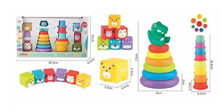 Логічний набір 628-135 (24/2) пірамідка, кубики, набір стаканчиків для гри, гумові елементи, в коробці