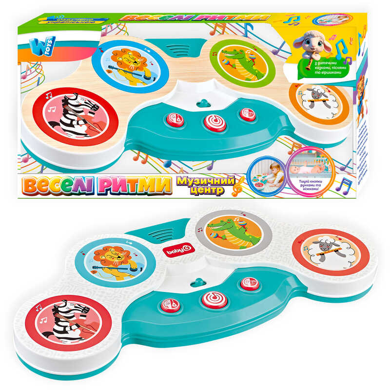 Гра "Веселі ритми" 18480 (36) "WToys", ОЗВУЧУВАННЯ УКРАЇНСЬКОЮ МОВОЮ, сенсорна панель,  2 силіконові ремінці, факти про тварин,  барабан, звуки музичних інструментів , казки, пісні, в коробці