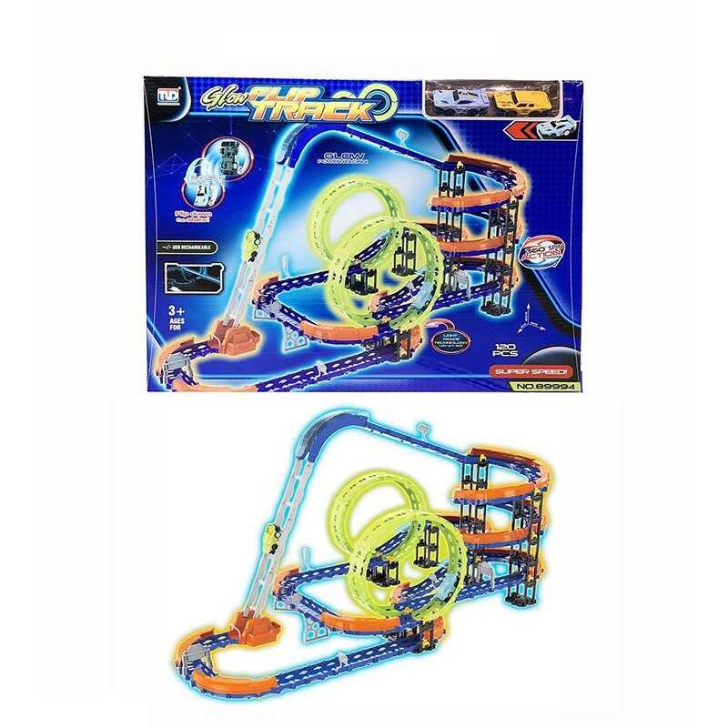 Трек 89994 (12) 122 елементи, 2 машинки із вбудованими акумуляторами, підсвічування, світиться у темряві, трюки, муляжі оточення, в коробці