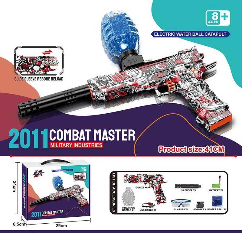 Пістолет W 031 A (18) автоматичний та механічний принципи роботи, акумулятор 7.4V, стріляє орбізами, захисні окуляри, USB-кабель, орбізи, глушник, в коробці