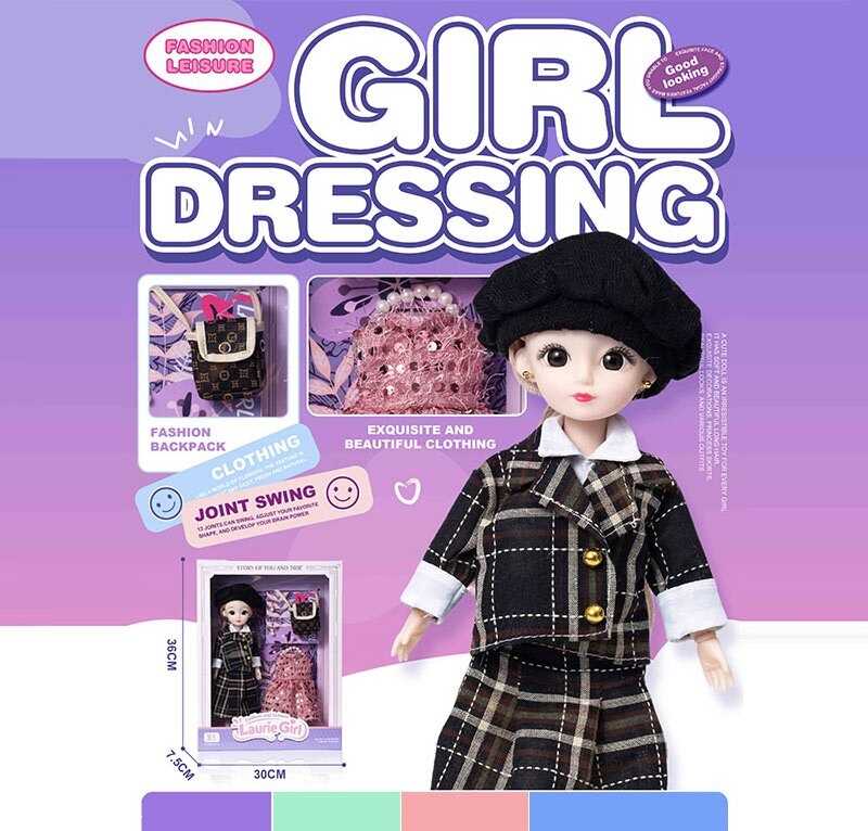 Лялька Q-A 35 (72) висота - 30 см, тіло — пластик, голова — гума, шарнірні з’єднання суглобів, знімне взуття, змінний одяг, аксесуари, в коробці