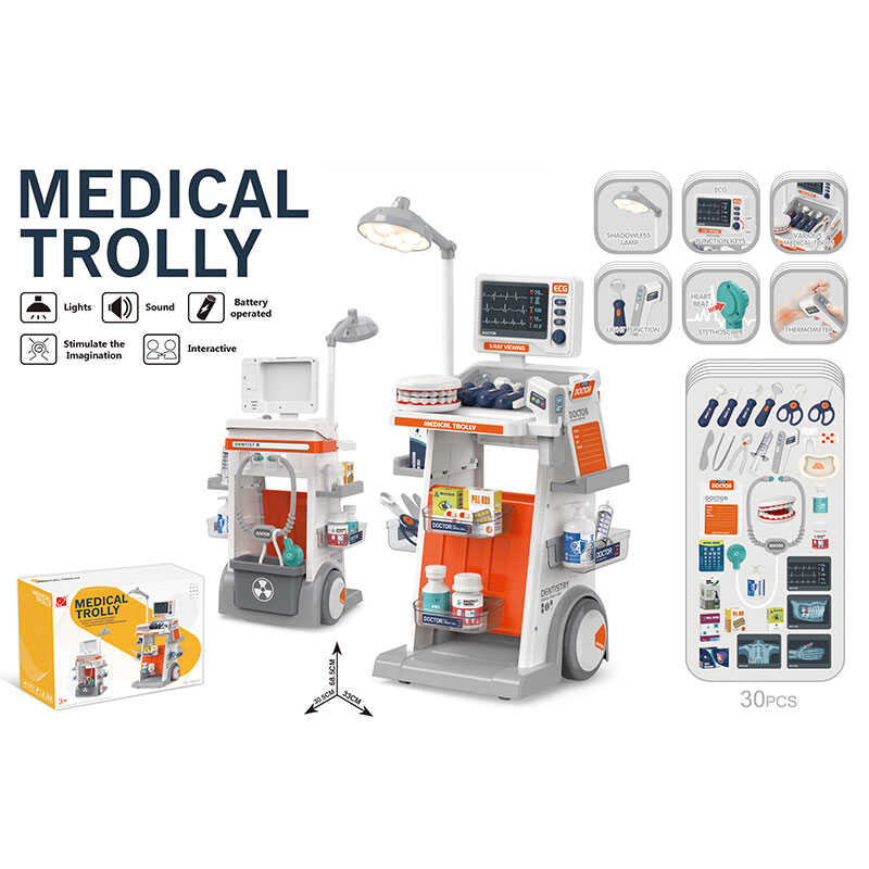 Набір стоматолога 660-91 (12) 30 елементів, медичний столик на колесах, лампа, стетоскоп, термометр, монітор, звук, підсвічування, на батарейках, щелепа, інструменти для огляду, полички, в коробці