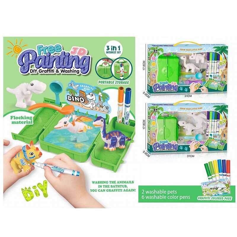 Набір для творчості 834 (60/2) 2 види, 2 флоксові фігурки тварин, 6 кольорових фломастерів, бокс-ванночка, щіточка, в коробці