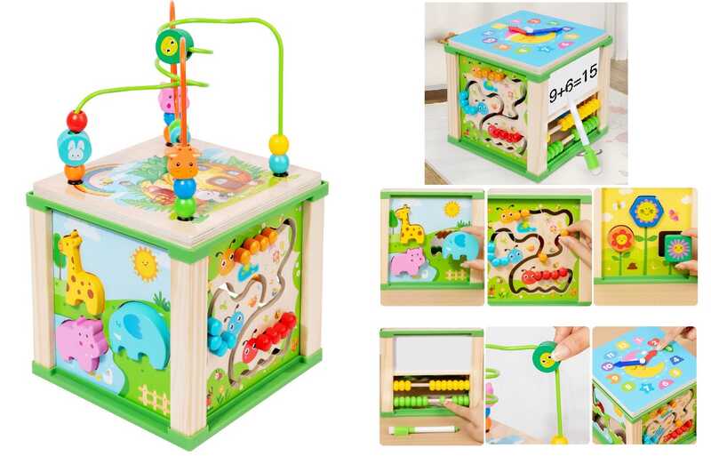 Куб логічний C 75614 (18) дерев’яний, годинник, сортер, фігурки тварин, пальчиковий лабіринт, рахівничка, дошка “пиши-стирай”, маркер, пальчикова гра, в коробці