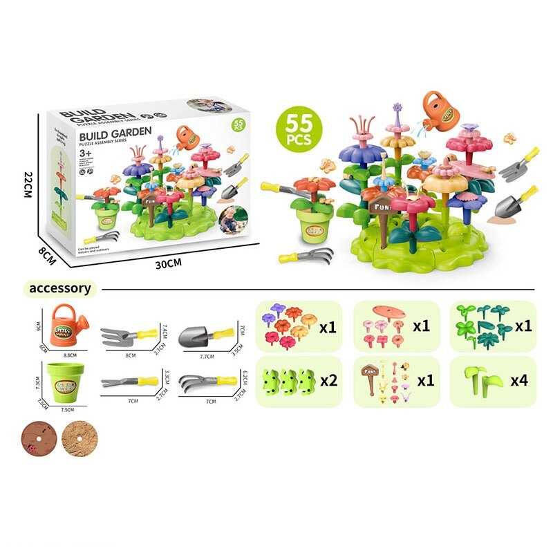 Конструктор A 42-1 (72/2) “Квітковий сад”, набір садівника, 55 елементів, граблі, лопата, вила, лійка, вазон, квіти, в коробці