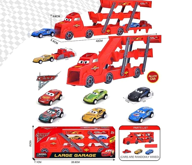 Трейлер LH 901-11 , герої «Тачка» , розмір: 28х6.5х9.5 см, механічний запускач, 3 металопластикові моделі, довжина: 7 см, інерція, в коробці